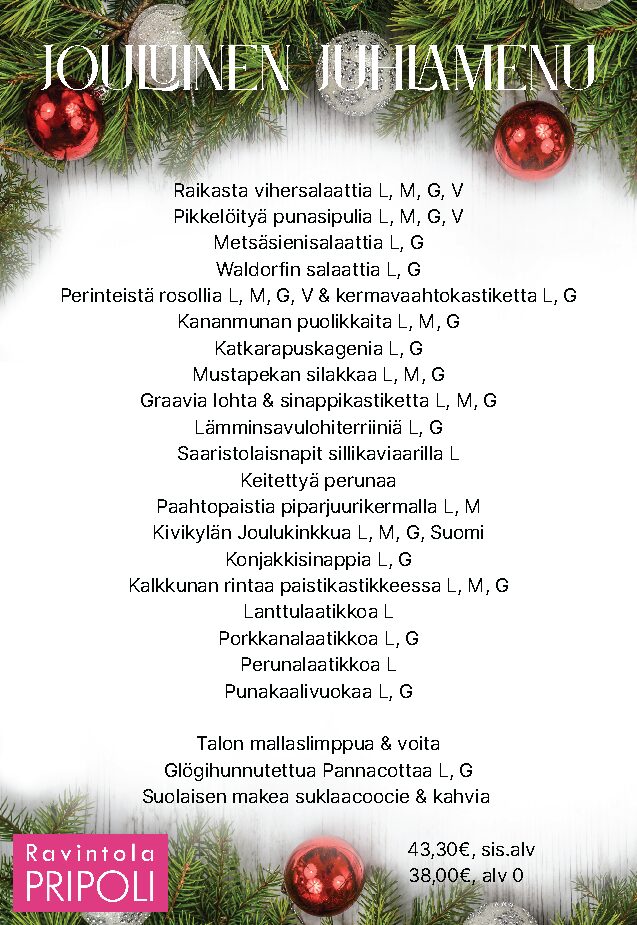 Jouluinen Juhlamenu 2025 Ravintola Pripoli Jouluruoka